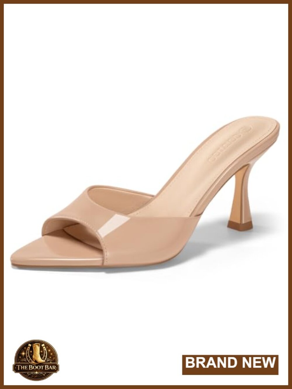 Womens Kitten Heel Mule Sandals Pointed Open Toe Faux Patent Leather Slip On